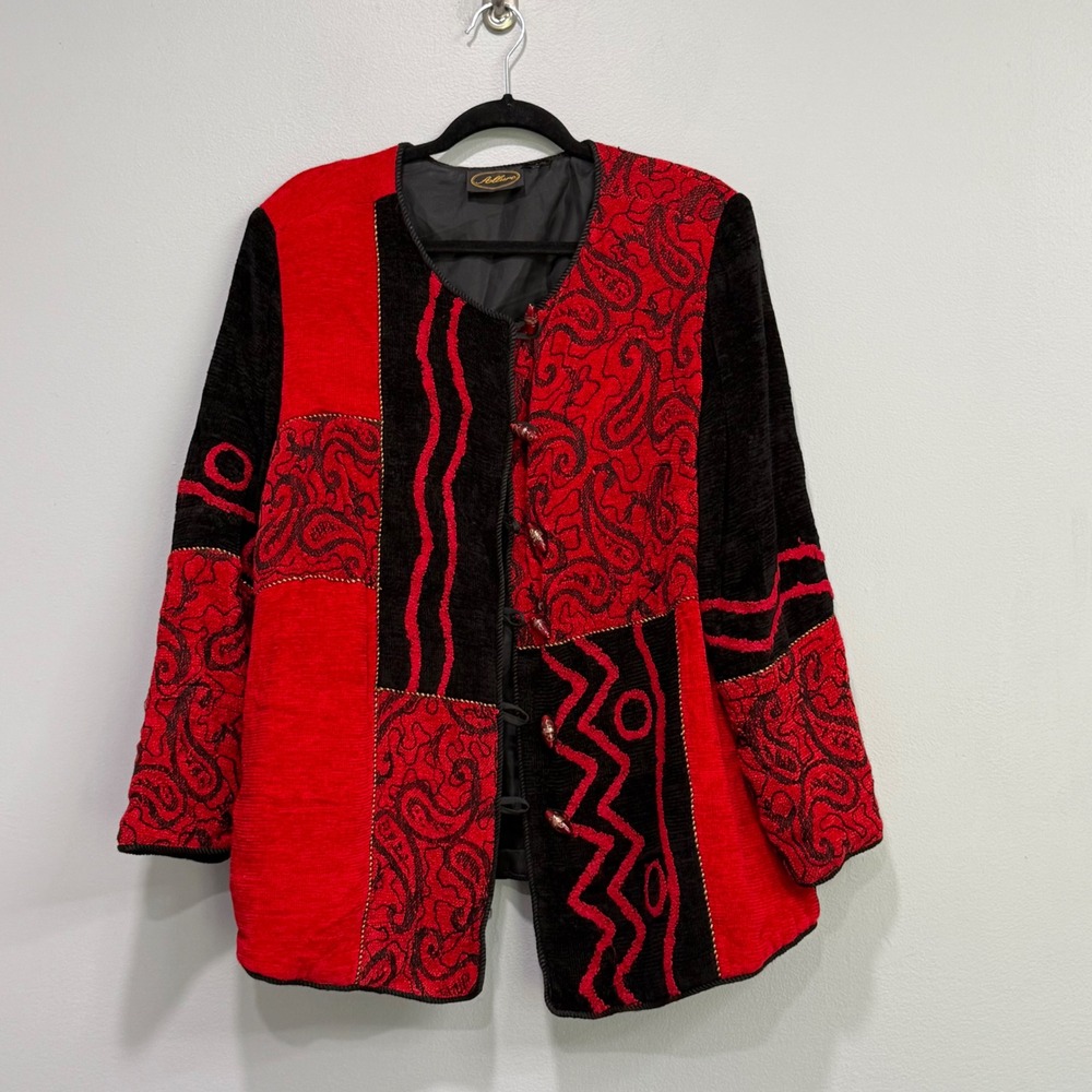 Allure Red Black Patchwork Paisley Embroidered Toggle Button Jacket Vintage